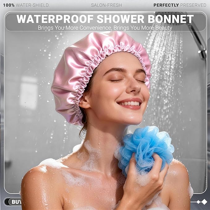 Smilco 4 Pack Shower Caps for Women, Reusable Waterproof Double Layer Bath Cap, Large EVA Elastic Hair Cover for Shower, Fits Long Hair & Braids, for Spa & Home
