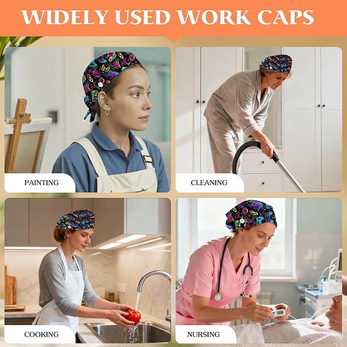 Adjustable Scrub Cap with Buttons & Sweatband, Working Hat with Elastic Tie Back, Unisex Nurse Surgical Caps for Women & Men