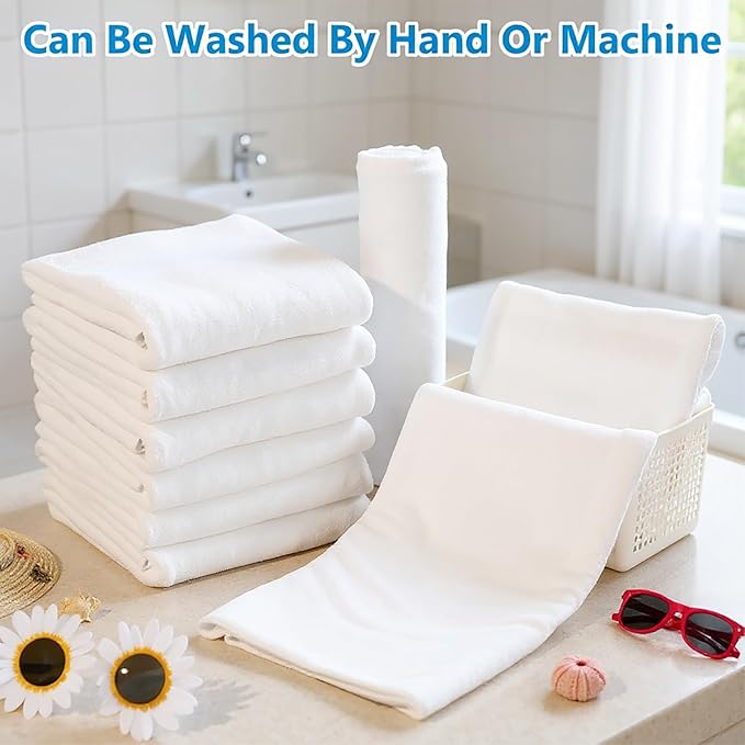 SmoothNovelty 8 Pack Microfiber Bath Towels Bulk 27'' x 60'' Oversized Beach Towel Highly Absorbent Extra Large Soft Drying for Shower Pool Salon Sauna Bathroom Gym Party (Simple,White)