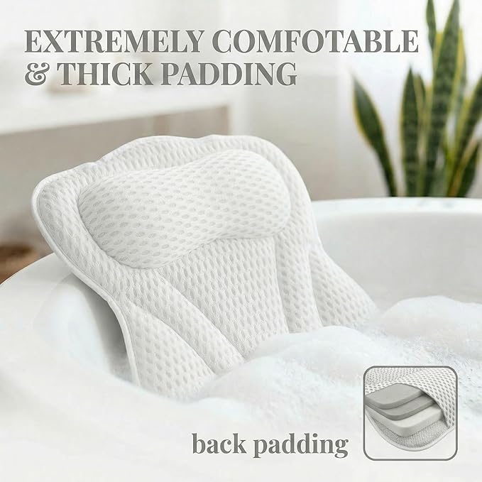 Bath Pillow for Tub, Soft Bathtub Pillow for Neck & Back Support with Breathable Fabric, Non-Slip Suction Cups, Quick-Dry Bathtub Accessory for Home Use