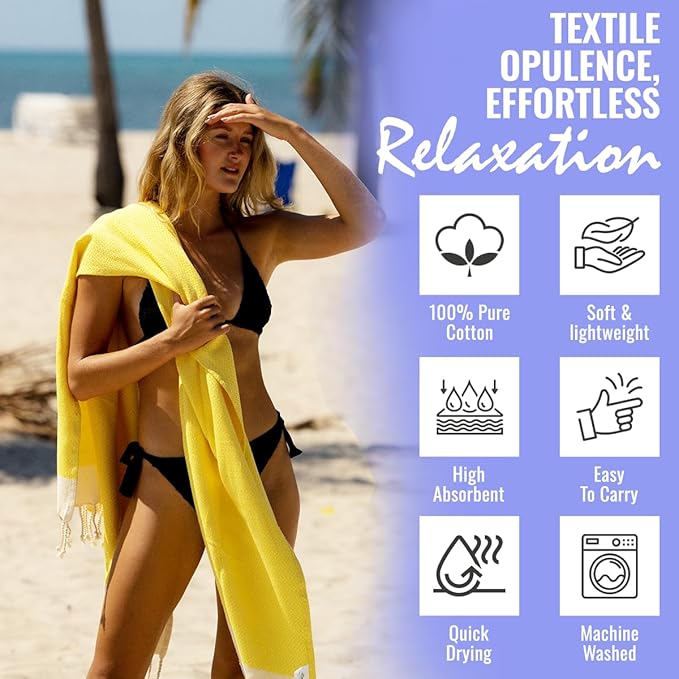 Beach Towel 100% Cotton Turkish Beach Towel Adult 38x70 Inch Pre-washed Absorbent Extra Large|Sand Free Quick Dry BathTowels|Lightweight Blanket|Travel Cruise Camping Spa Gym Sports Towels|Yellow