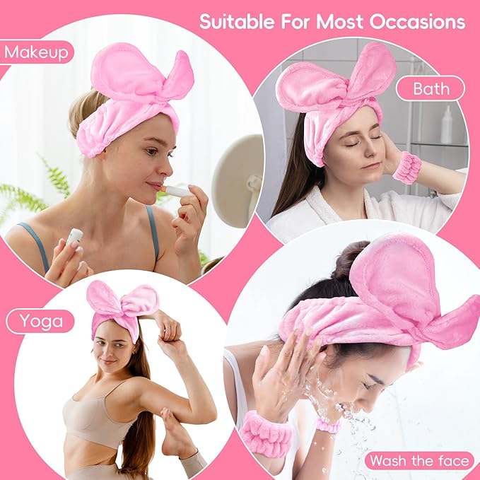 my novel things Hair Band for Washing Face, Adjustable Skincare Spa Headband and Wristband Set for Women Girl, Makeup Hair Headbands Cute Pink Versatile Fun Gift for Friend