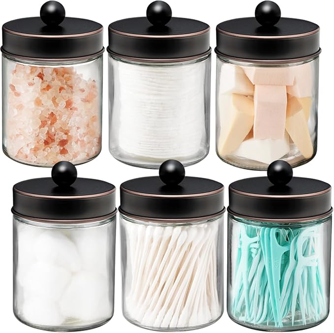 Amolliar 6 Pack Apothecary Jars Bathroom Vanity Organizer- Rustic Farmhouse Decor Storage Canister with Stainless Steel Lids- Qtip Dispenser Holder for Cotton Swabs, Rounds,Ball, Flossers (Bronze)