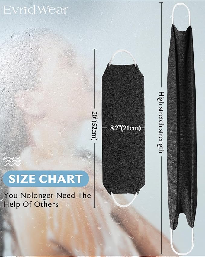 Evridwear Exfoliating Back Scrubber for Shower - Double-Sided Body Scrubber with Handles, Deep Clean, Massage & Exfoliate Back Washer for Men & Women, Invigorates Skin & Circulation (Black)