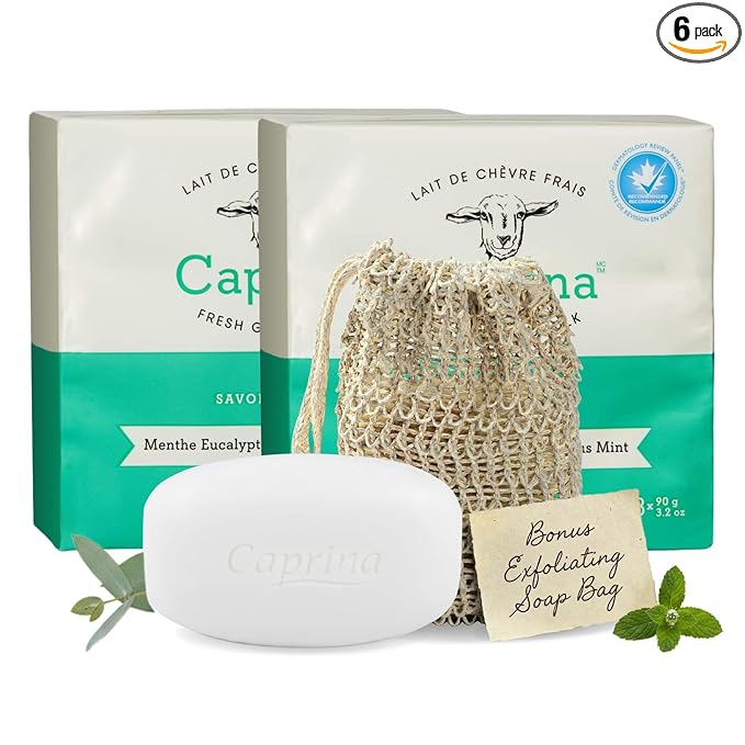 Caprina Fresh Goat Milk Soap Bar, EUCALYPTUS MINT, 3.17 oz Each (6-Pack), Moisturizing & Gentle Cleansing, Includes Exfoliating Mesh Pouch