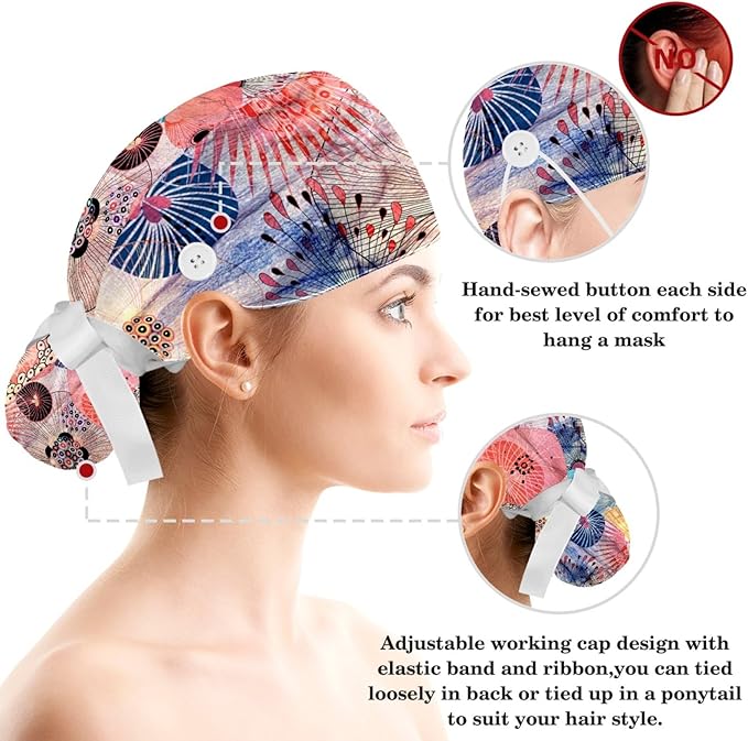 Women Working Cap with Buttons Bouffant Hat Autumn Leaves Nurse Scrub Caps Long Hair