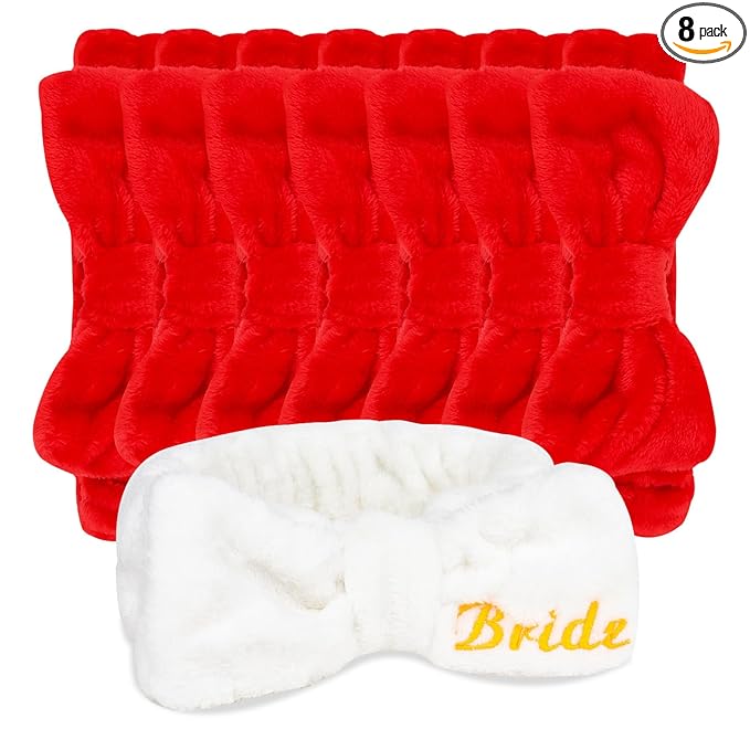CIEHER Spa Headbands for Bachelorette Party Favors, 8 Pcs Red & White Spa Headbands for Bride & Bridesmaid, Bachelorette Gifts for Bride Skincare Makeup Hair Styling