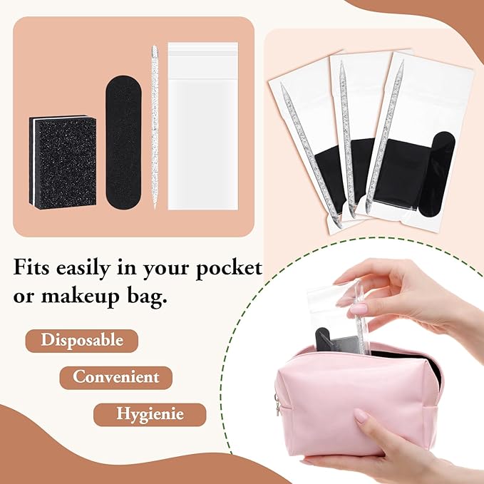 100 Sets Disposable Manicure Kit Individually Package Nail Tech Must Haves Pedicure Set with Mini Nail File Buffer Cuticle Stick Tool for Salon Home Gifts