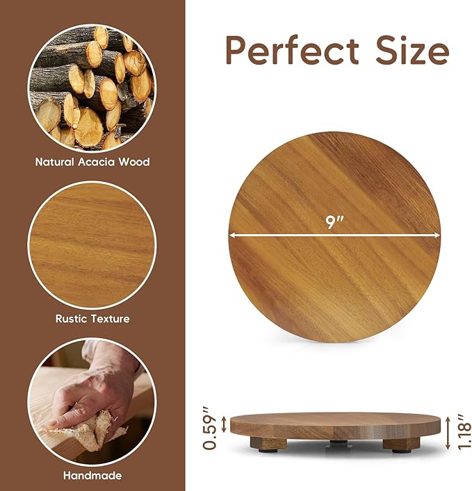 Small Round Decorative Tray Acacia Wood Bathroom Counter Organizer Pedestal Stand Farmhouse Kitchen Decor Wooden Riser for Soap Dish, Perfume, Candle, Sponge, 9"