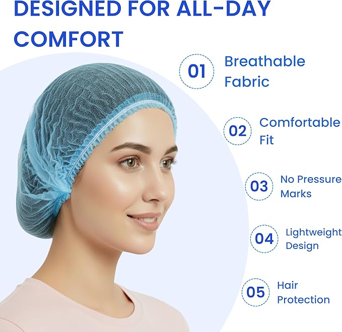 Disposable Bouffant Caps 21 Inch Non Woven Hair Net Elastic Head Cover For Food Service Kitchen Salon Lab Spa And Hygiene Use
