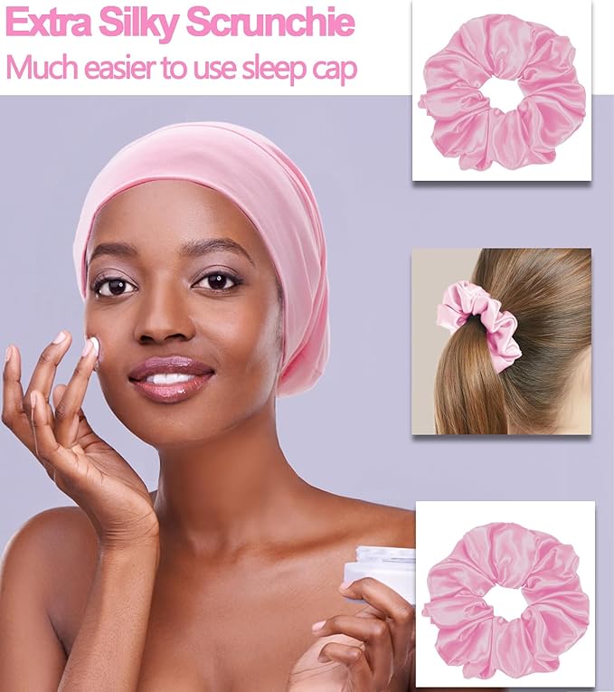 Sleep Cap Bonnet for Sleeping Black Women, Adjustable Cooling Ice Silk Lined Bonnet for Curly Braids Hair Cover Beanie Hat