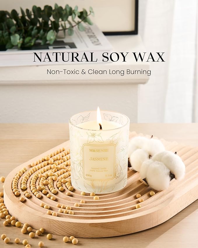 M&SENSE Jasmine Scented Natural Soy Candle, 8.1oz 42H Non-Toxic Long Burning, Aromatherapy Stress Relief Home Fragrance, Spring Ideal Present for Her