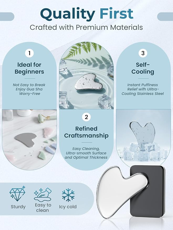 Gua Sha Facial Tools, Guasha Tool for Face & Neck, Gua Sha Scraping Massage Tool for Lymphatic Drainage & Puffiness Reduction (Silver)
