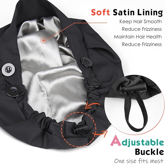 2 Pack Satin Lined Bouffant Scrub Caps with Buttons, Adjustable Scrub Caps for Women Men