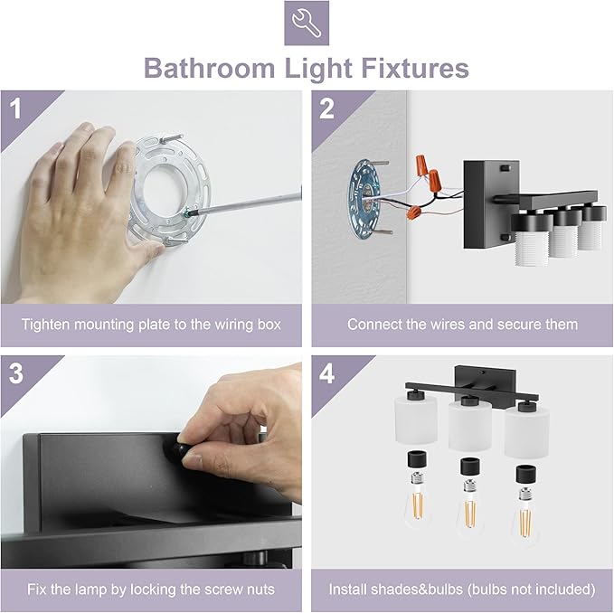 Honesorn Bathroom Light Fixtures Black, 3-Light Bathroom Vanity Light Over Mirror, Modern Vanity Lights for Bath Room with Frosted Shade & Anti-Rust Nickel Finished, E26 Base Lighting