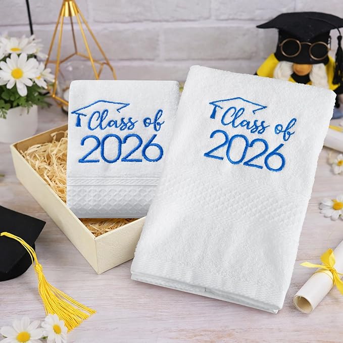 MASHAN Class of 2026 Graduation Hand Towels 3 Pack,100% Cotton Soft Absorbent Bathroom Towels,Senior 2026 Graduation Gift for Girls Boys,Blue Decorative Towels 14x30 Inch