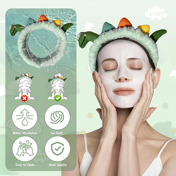 Funny Dinosaur Headband Cute Animal Cat Duck Frog Dinosaur Snail Kawaii Spa Headband Hair Accessories for Washing Face Shower Sports Beauty Skincare (Style 19)