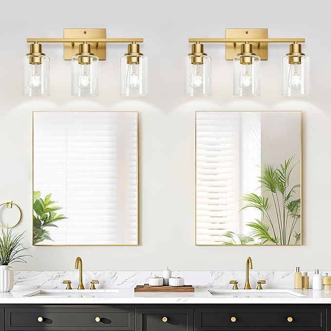 MOKATNG 3-Light Bathroom Light Fixtures, Vanity Light with Clear Glass Shades, Brushed Gold Bathroom Light Fixtures Over Mirror, Modern Bathroom Wall Lamp for Mirror Living Room Cabinet Bedroom