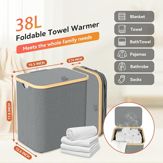 Towel Warmer & Laundry Basket 2-in-1, Foldable Towel Warmer for Bathroom with Removable Heating Bag, 20/40/60Mins Fast Heating, Auto Shut-Off, Fits 3 Large Towels Blankets, Ideal Xmas Gift