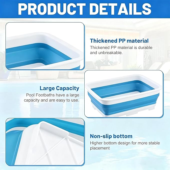 Pool Foot Bath Tray for Swimming Pool, Non- Slip Collapsible Foot Bath for Pool, Portable Foot Tub for Pool for Above Ground Pool Accessories, Rinse Feet Keep Clean (Blue + White)