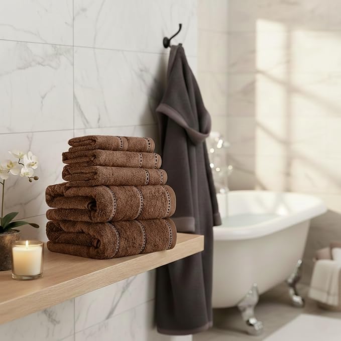 Lavish Home 6 Piece Bathroom Towels Set - 525GSM 100% Cotton Bathroom Essentials - 2 Bath Sheets, 2 Hand Towels, and 2 Wash Cloths for Bath, Shower, Gym, Spa, and Dorm Room (Chocolate)