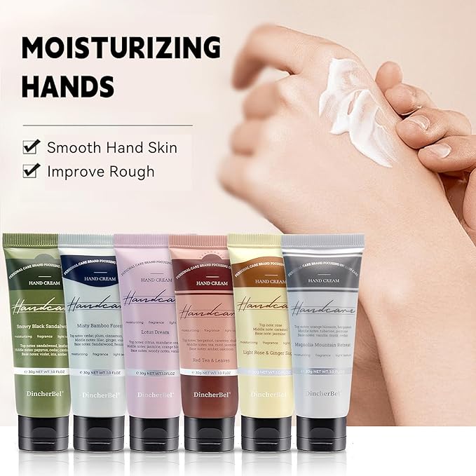 DincherBel 6 Pack Travel Size Hand Cream Set - 1 oz Moisturizing Lotion for Dry Cracked Hands, Magnolia Mountain Retreat Scented Hand Lotion Gift for Women, Nurses, Teachers, Bridesmaids