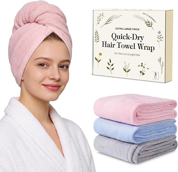 3 Pack Microfiber Hair Towel Wrap for Women, Large Fast Drying Hair Turban, Ultra Soft Thick Anti-Frizz, Double Stitched Edges & Stay in Place No Slip Design for Curly Long Wet Hair(Pink/Grey/Blue)