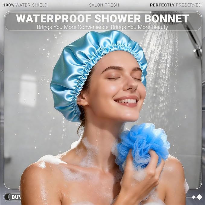 Smilco 2 Pack Shower Caps for Women, Reusable Waterproof Double Layer Bath Cap, Large EVA Elastic Hair Cover for Shower, Fits Long Hair & Braids, for Spa & Home