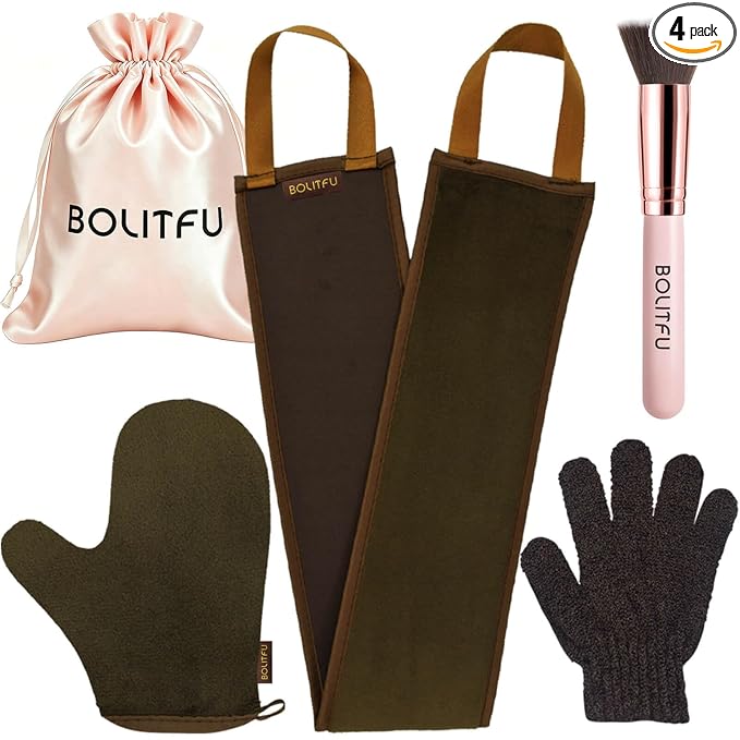 4 Pack Self Tanning Mitt Applicator Kit, with Self Tanner Mitt, Self Tan Back Applicator, Exfoliating Glove, Flat Top Face Tanner Brush, Tan mit for Self Sunless Tanner (brown)