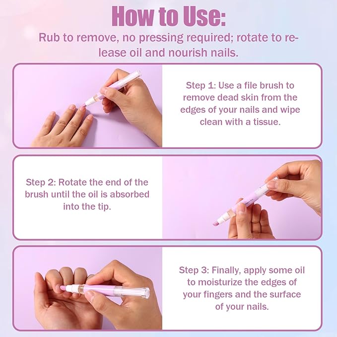 2pcs 2 in 1 Cuticle Oil Pusher Pen, Portable Ceramic Cuticle Remover Pusher with Oil for Dry & Damaged Nails Cracked Cuticles Hangnail Moisturize Strengthen & Brighten Nails Care Tool (Purple)