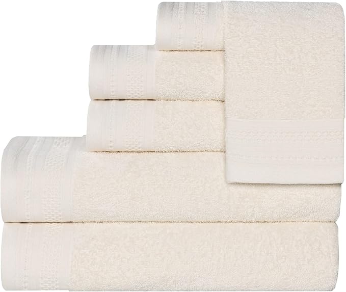 Superior Honeycomb Cotton Medium Weight Towels, for Guest Bath, Master Bathroom, Shower, Quick Dry, Adults, Home Essentials, Textured Waffle Border, Assorted Towel Set, 6 Piece Towel Set, Ivory
