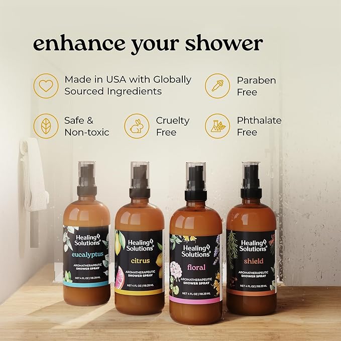 Healing Solutions Aromatherapy Shower Spray, Citrus, 4oz, Therapeutic Grade Essential Oils, Made in the USA, At Home Spa Experience
