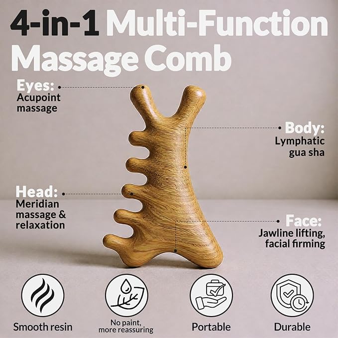 4 in 1 Gua Sha Tool for Face & V Line Lifting Mask, 2Pcs: Natural Green Sandalwood Massage Comb for Body Neck Eye & Green Chin Strap for Sleeping, Scalp Massage, Jaw Lifting, Skin Care Gift for Women