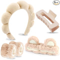 VELSCRUN Spa Headband, Makeup Face Wash Skincare Headbands, 5 Pcs Sponge Get Ready Bear Ears Hairband Facial Wristband Hair Clip Set, Stuff for Teen Girls Women Trendy Fashion Hair Accessories Brown