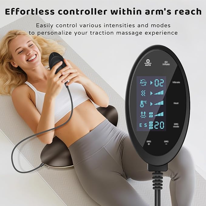 Cordless Electric Lumbar Traction Device, 4-in-1 Multifunctional Back Massager for Low Back Pain Relief with Controller, Dynamic Traction, Microcurrent Therapy, Hyperthermia and Vibration (Black)