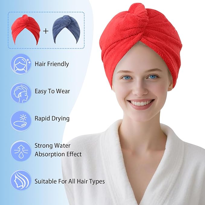 Microfiber Hair Drying Towel Wrap for Women, Hair Turbans Towel for Wet Hair,turbie Twist Hair Towels(The Color of the Picture is for Reference only) (Dark Blue,Red)