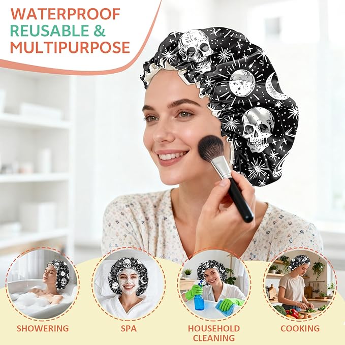 Shower Cap Reusable Double Layer Adjustable Elastic Waterproof EVA Hair Bath Caps for Women Girls Cute Aesthetic-Skull