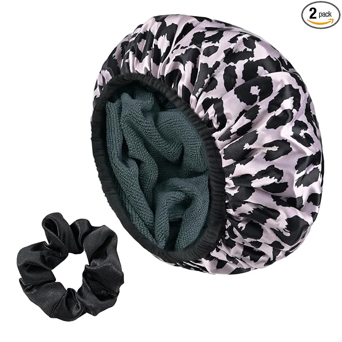 Pink Leopard Print Satin Shower Cap, Three-Layer Terry Cloth Lined, with Silk Hair Ties, Microfiber Waterproof Reusable Large Size Shower Cap for Women Long Thick Hair