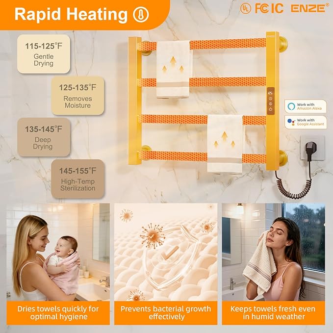 ENZE Smart Luxury Heated Towel Rack, 4-Bar Gold Electric Towel Warmer 115W, Wi-Fi App Control & LED Touch Screen, Adjustable Temperature & 24H Timer, IPX5, 2 in 1 Installation, Low Carbon Steel