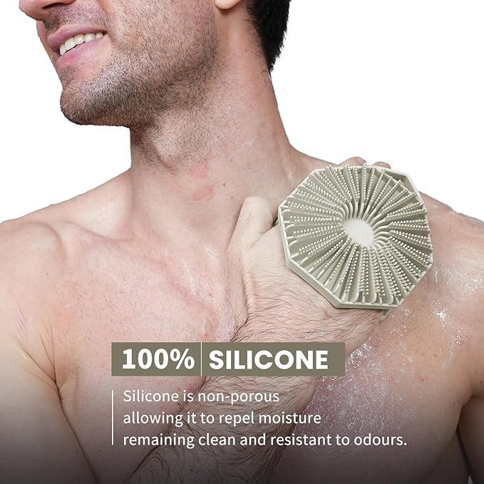 iTokGoK® Premium Silver-Infused 2-in-1 Silicone Body Scrubber, Double-Sided Design Body Brush Body Scrubber Exfoliating Body Brushes for Sensitive Skin for Showering, Silicone Loofah - Stone