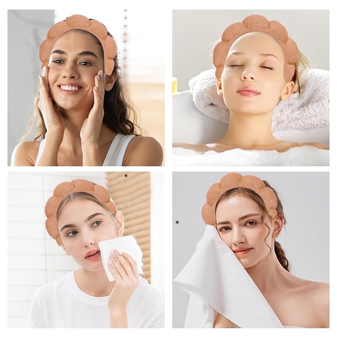 Beleki Spa Headband for Washing Face Wristband Set Sponge Headband Makeup Skincare Face Washing Headband Terry Cloth Bubble Puffy Hairband Non Slip Headwear Hair Accessory for Women - Orange