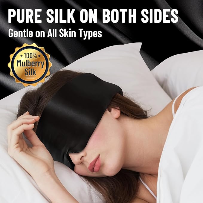 100% Mulberry Silk Sleep Mask, Large Eye Cover for Sleeping, Comfortable and Pressure-Free Sleeping Masks for Women Men, Completely Blackout (Black)