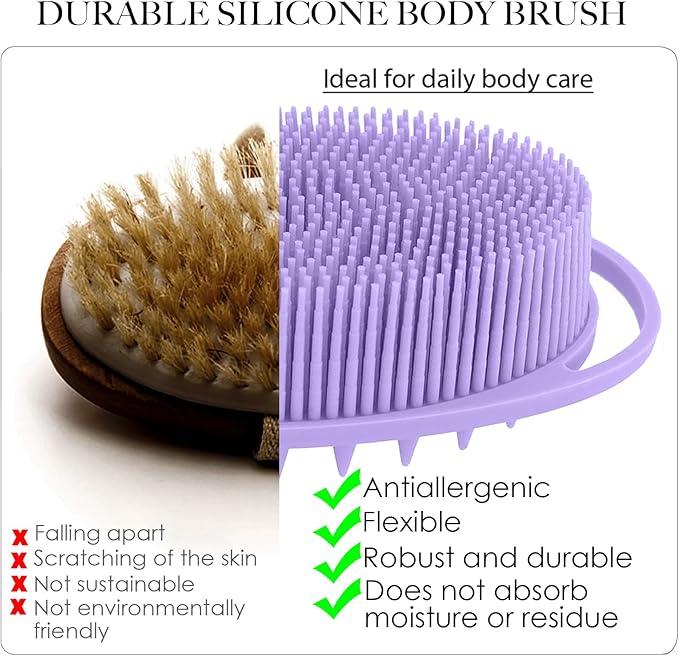 RamPula Silicone Body Scrubber, Silicone Loofah, Quick-Dry Exfoliating Body Brush for Wet or Dry Brushing, More Hygienic Than Traditional Loofah, Long-Bristle Brush, Purple and Starlight