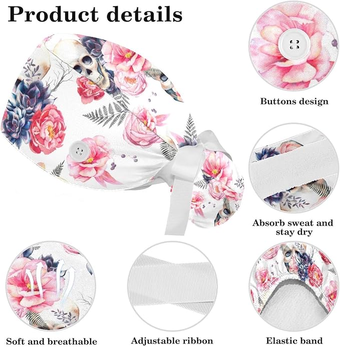 Ethnic Aztec Pattern Adjustable Scrub Cap Hat with Button, Working Hat Sweatband with Bow Hair Scrunchy for Woman