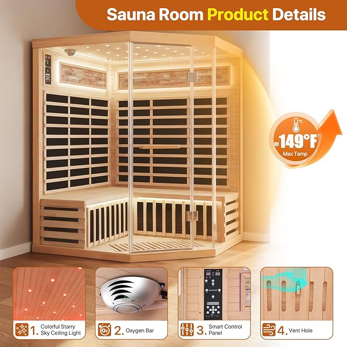 OUTEXER Sauna Corner Saunas for 4-5 Person 240V Home Indoor Canadian Hemlock Far Infrared Saunas 2595W Low-EMF Dry Saunas with 7 Color Starry Sky Ceiling Light Therapy 59 * 59 * 74.8inch