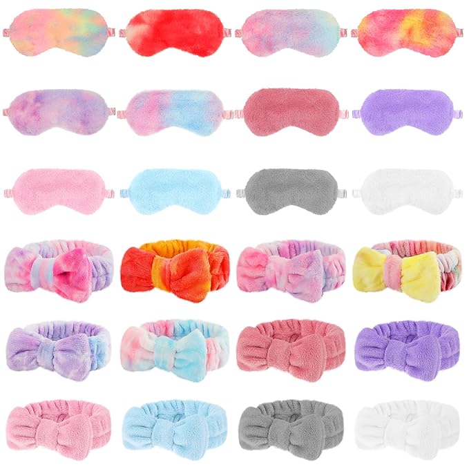 Xuhal 24 Pcs Spa Sleepover Party Favors Supplies Plush Headband and Eye Mask for Women Soft Makeup Washing Face Sleep Hair Bands for Girl Gift Birthday Stuff(Solid Color and Tie Dyed)