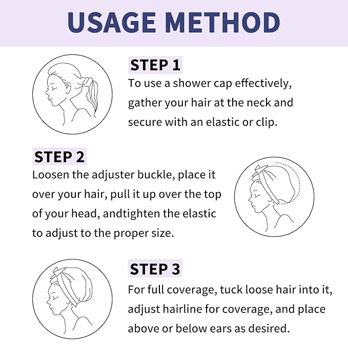 3 PCS Shower Caps for Women, Upgrade Comfortable & Extra Large & Double Layers Waterproof Bath Cap, Oversized Designed Adjustable Hem Hair Cap for All Hair Lengths/Style