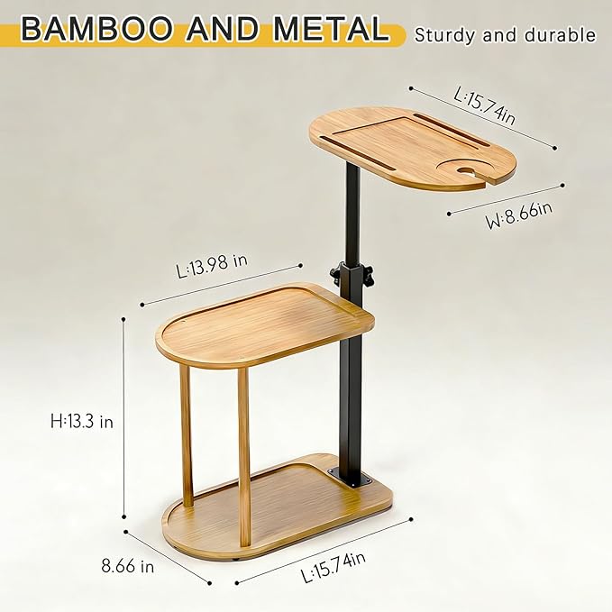 3-Tier Freestanding Bathtub Tray Table, Adjustable Bamboo Bath Caddy with Swivel Design, Standing Bath Shelf for Home Spa, Natural