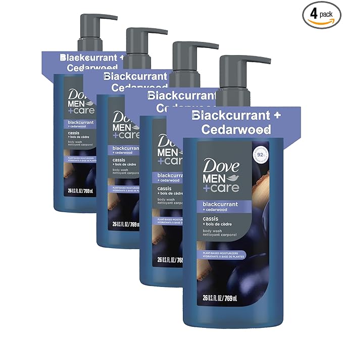 DOVE MEN Moisturizing Body Wash | #1 Dermatologist Body Wash for Men, Sulfate Free, Paraben Free, & Dye Free | Blackcurrant + Cedarwood, 26oz (Pack of 4)