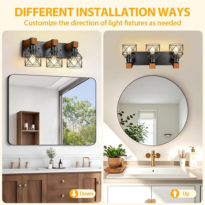 3-Light Farmhouse Vanity Lights for Bathroom, Rustic Wood Bathroom Vanity Lighting Fixtures Over Mirror, Vintage Black Wall Mounted Lamps with Metal Cage for Living Room, Bedroom, Hallway